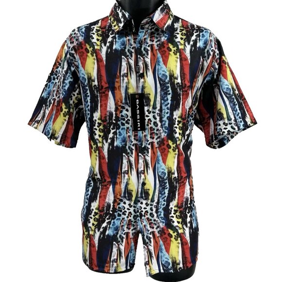 Bassiri Men's Casual Button-Down Shirt Blue White Red Yellow Short Sleeves - Picture 1 of 3